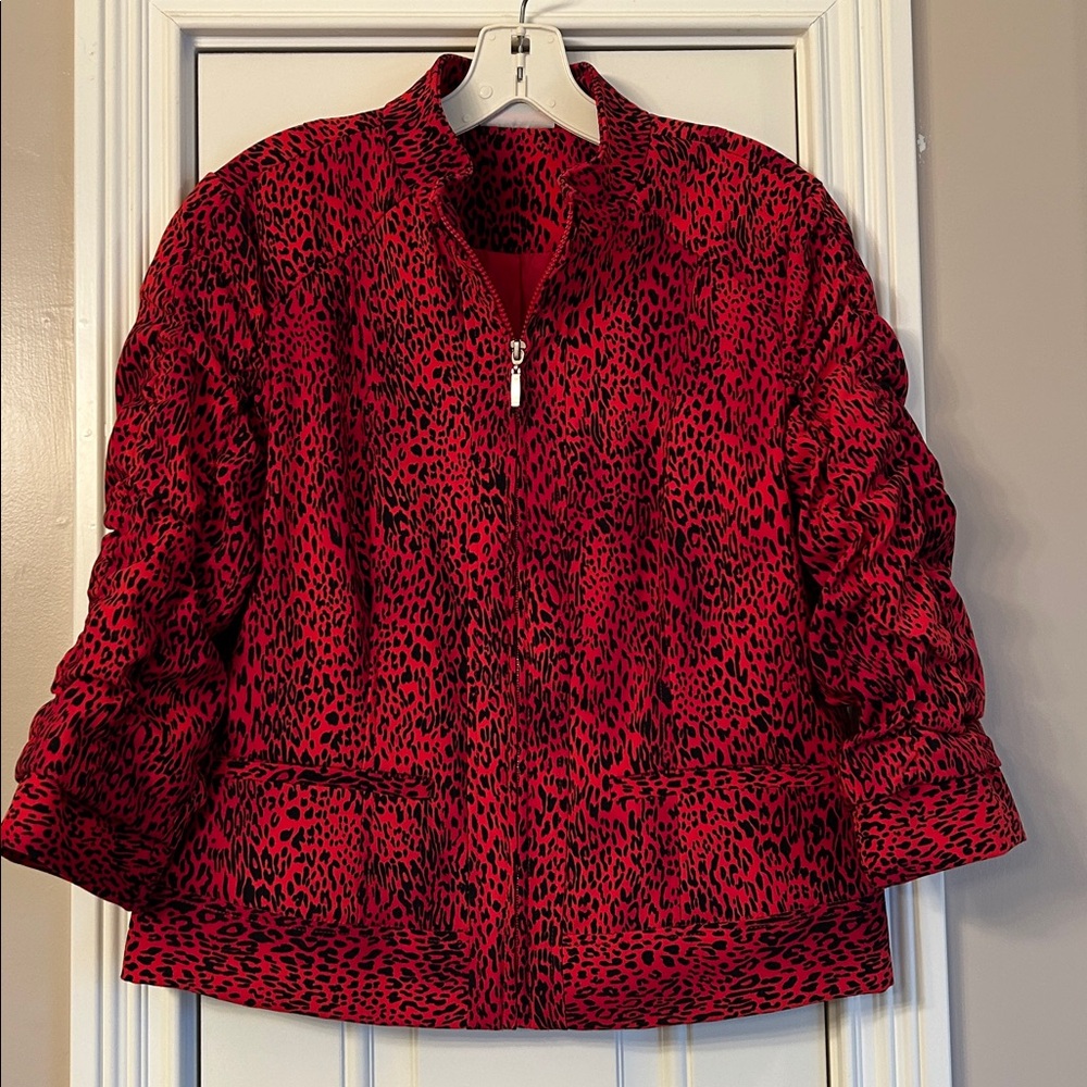 Patchington Red and Black Animal Print Ruched Sleeve Jacket NWOT Sz S